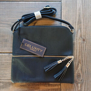 Deluxity Crossbody Bag Womens Black Faux Leather Tassel Zip Messenger Purse
